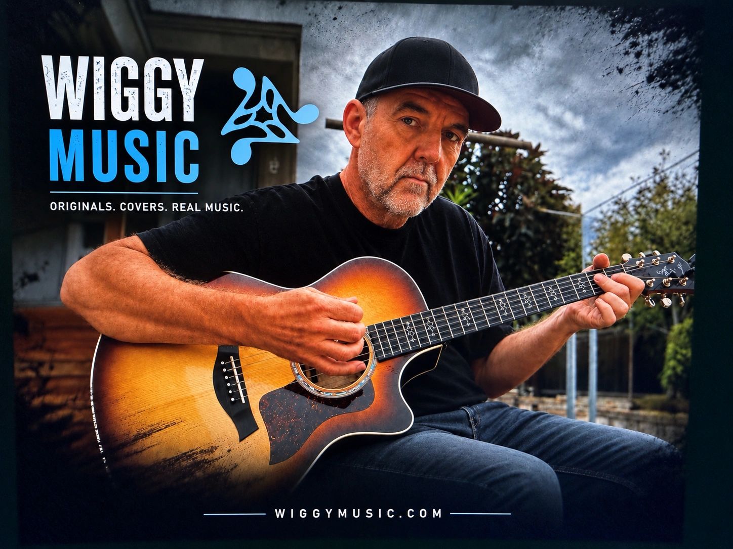 Wiggy Music touched-up banner artwork, with Wiggy playing guitar and the Wiggy Music logo